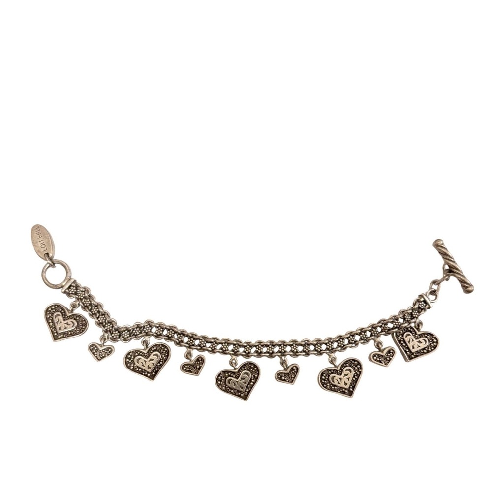 Vintage Lois Hill Sterling Silver 9 Heart Charm Bracelet Balinese Woven Chain